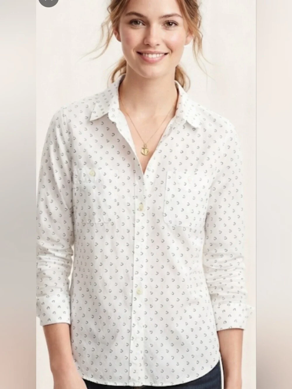 White Patterned Button-Up Shirt for women
